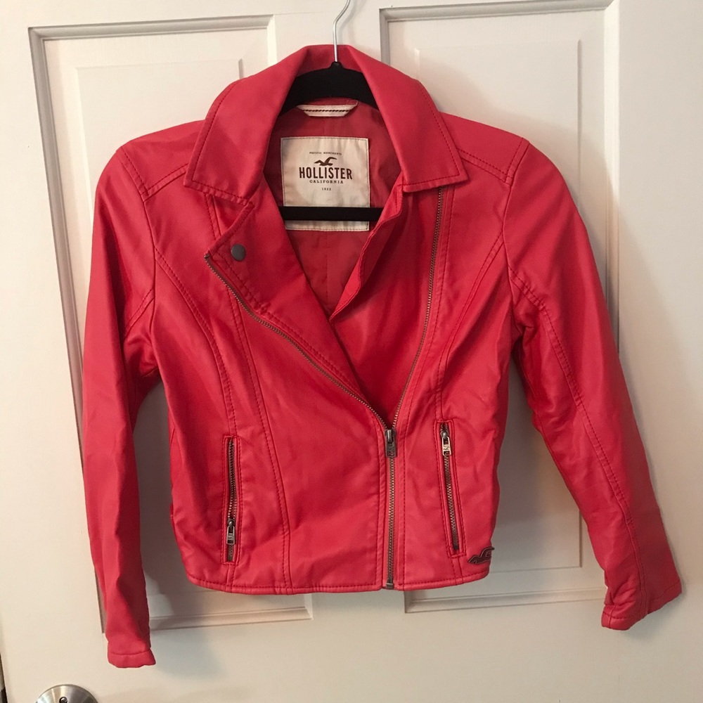 Hollister red cropped moto jacket